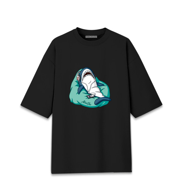 Женская футболка оверсайз с изображением Акула бирюзовая цвета Черный