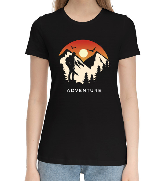 Женская хлопковая футболка с изображением Adventure цвета Черный