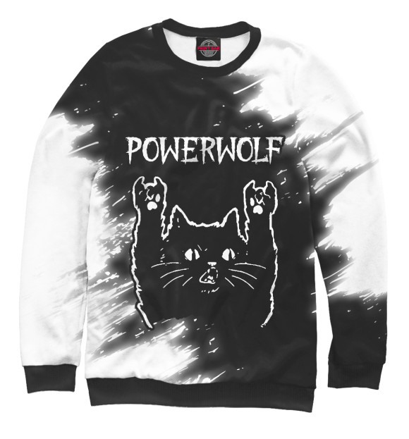 Мужской свитшот с изображением Powerwolf + Рок Кот цвета Белый