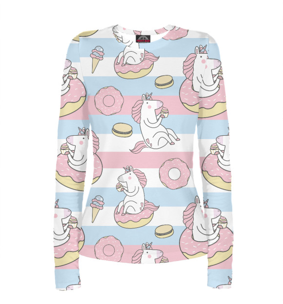 Женский лонгслив с притом Единорог и сладости цвета Белый Женский лонгслив с изображением Единорог и сладости цвета Белый