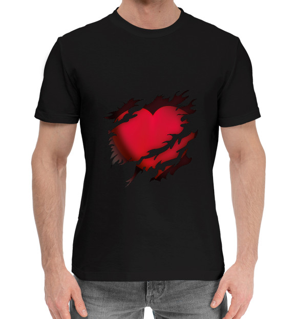 Мужская хлопковая футболка с изображением Сердце в разрыве груди цвета Черный