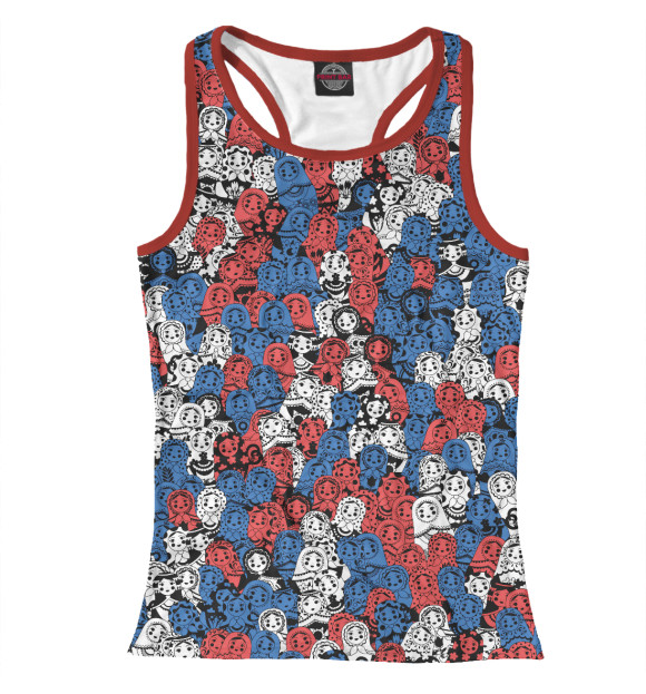 Женская майка-борцовка с изображением Бело-сине-красные матрёшки цвета Белый