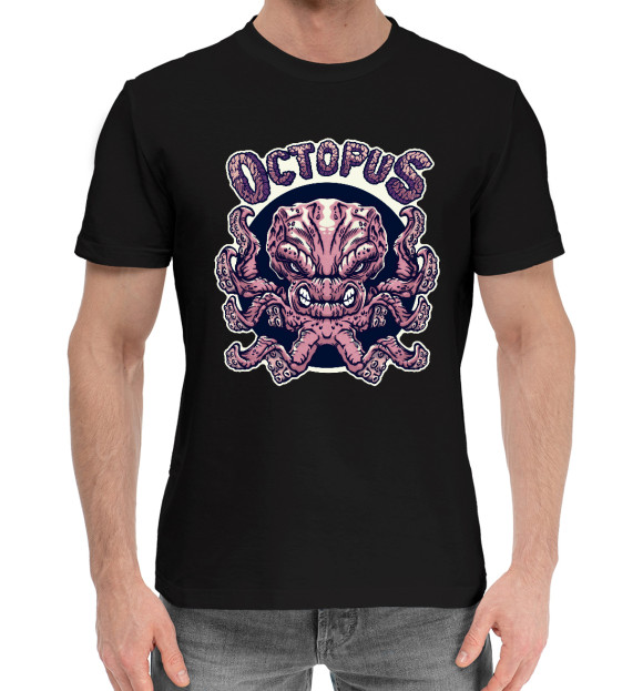 Мужская хлопковая футболка с изображением Octopus - злобный осьминог цвета Черный