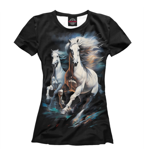 Женская футболка с изображением Две белых лошади цвета Белый