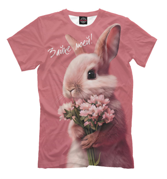 Мужская футболка с изображением Розовый кролик с цветами цвета Белый