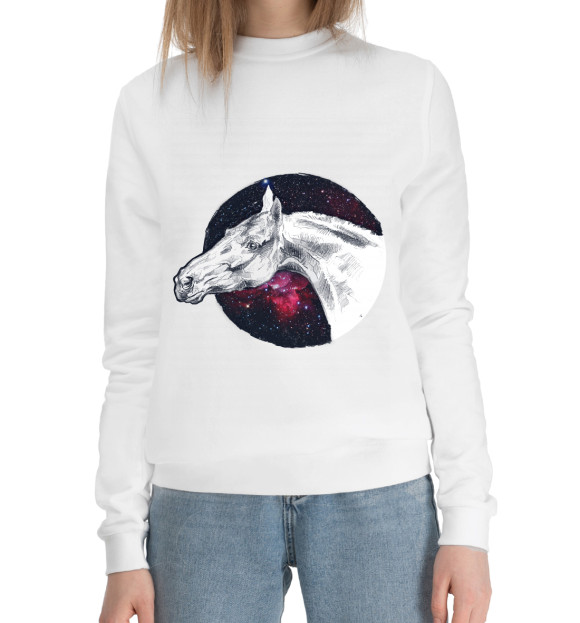 Женский хлопковый свитшот с изображением Мой космос - лошади цвета Белый