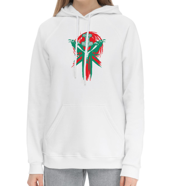 Женский хлопковый худи с изображением Вороны Одина и Мьёльнир цвета Белый