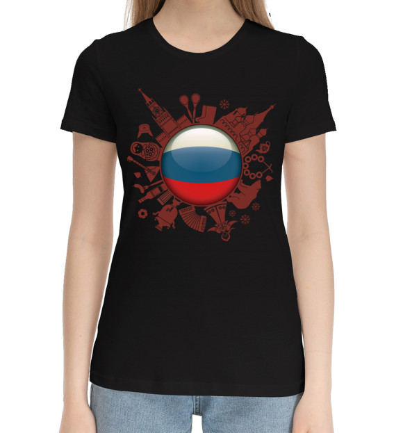 Женская хлопковая футболка с изображением Глобус России цвета Черный
