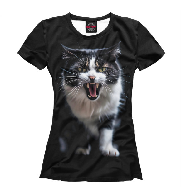 Женская футболка с изображением Черно-белый атакующий кот цвета Белый