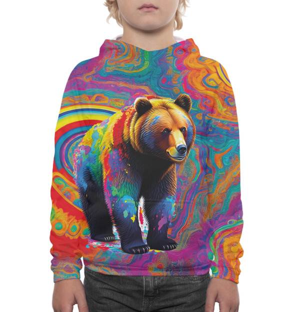 Худи для мальчика с изображением Медведь на фоне красочных разводов цвета Белый