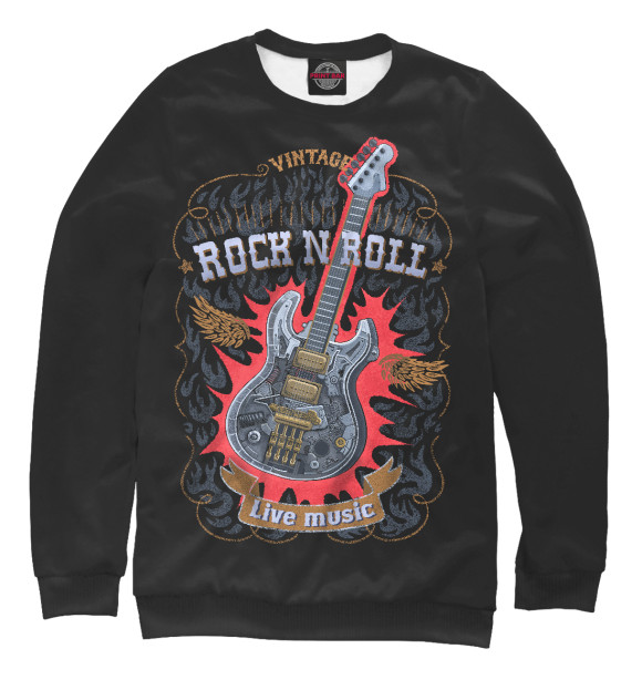 Женский свитшот с изображением Гитара стимпанк с надписью  rock n roll цвета Белый