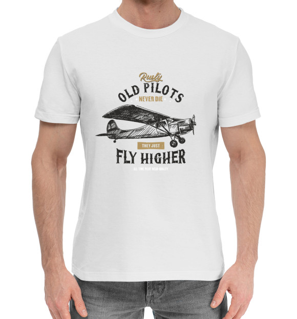Мужская хлопковая футболка с изображением Старые пилоты не умирают - они просто летают выше цвета Белый