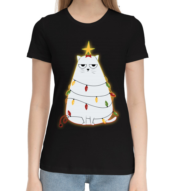 Женская хлопковая футболка с изображением Cute christmas cat цвета Черный