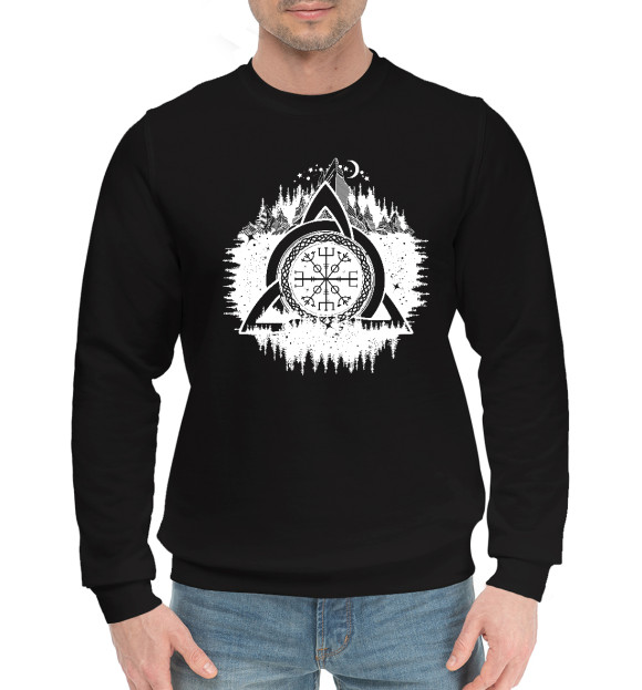 Мужской хлопковый свитшот с изображением Вегвизир Рунический Компас цвета Черный