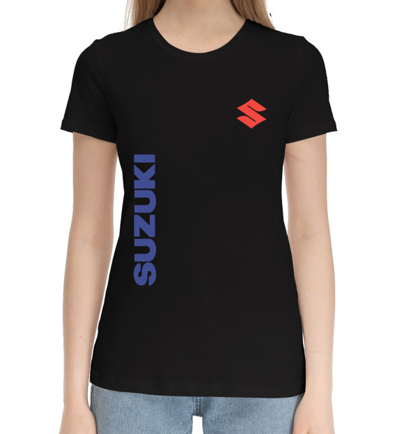 Женская хлопковая футболка с изображением Suzuki цвета Черный