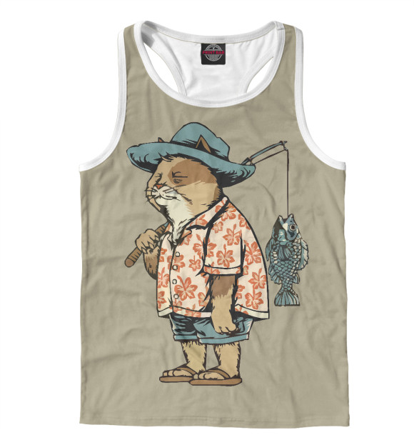 Мужская майка-борцовка с изображением Кот Рыбак цвета Белый