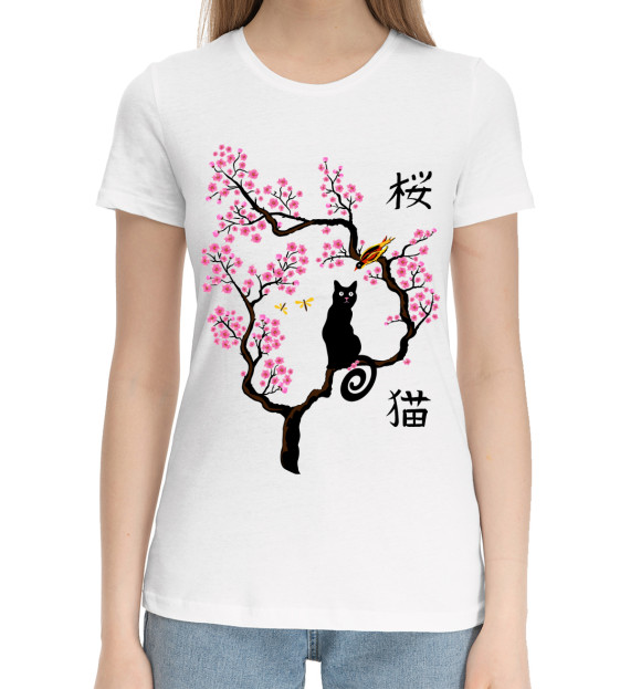 Женская хлопковая футболка с изображением Кошка и птица на сакуре цвета Белый