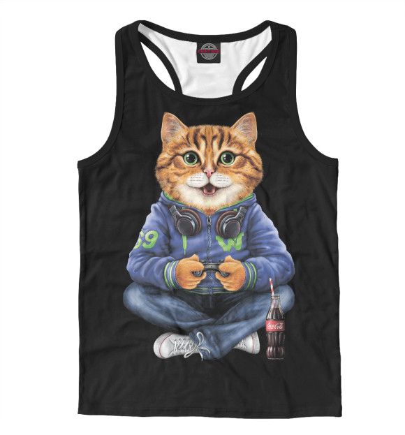 Мужская майка-борцовка с изображением Кот геймер цвета Белый