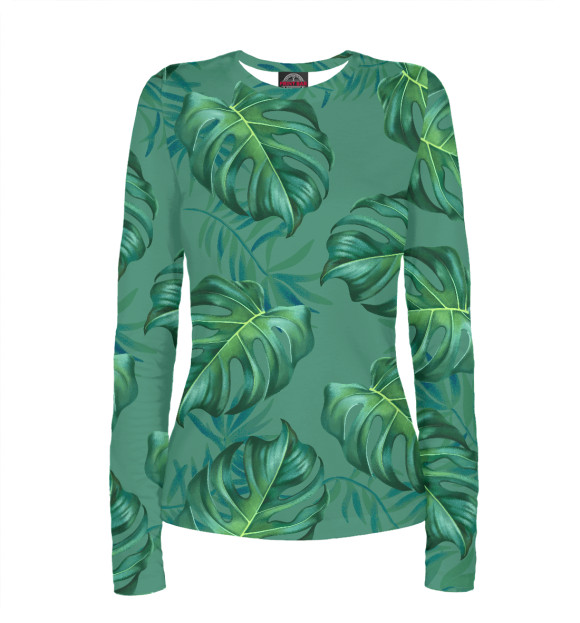 Женский лонгслив с притом Тропический рай монстеры цвета Белый Женский лонгслив с изображением Тропический рай монстеры цвета Белый