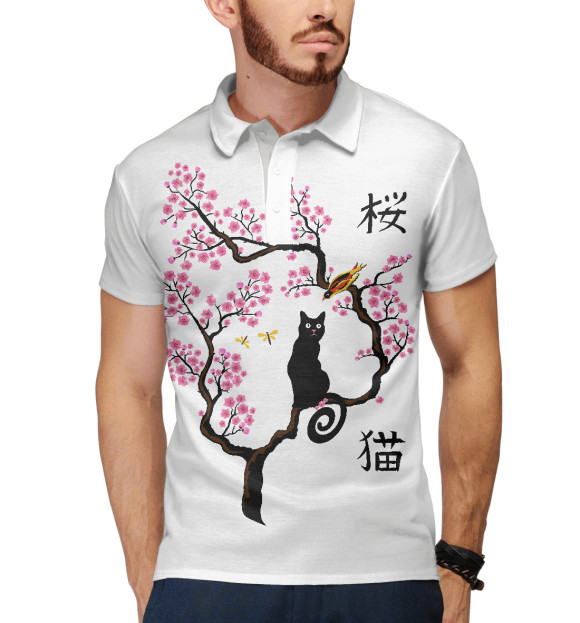 Мужское поло с изображением Кошка и птица на сакуре цвета Белый