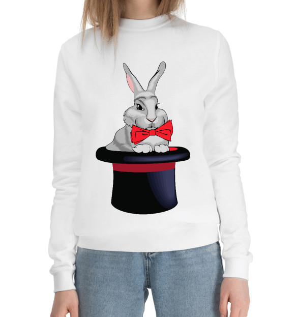 Женский хлопковый свитшот с изображением Кролик в шляпе цвета Белый