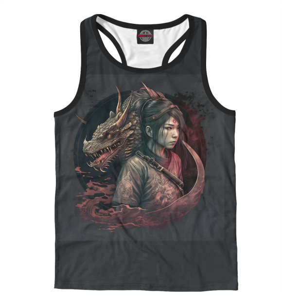 Мужская майка-борцовка с изображением Девушка-самурай и дракон цвета Белый