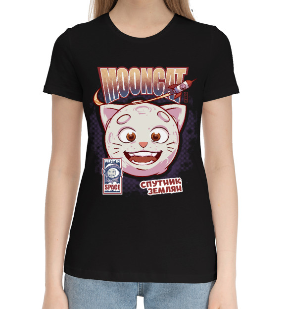 Женская хлопковая футболка с изображением Лунный кот цвета Черный
