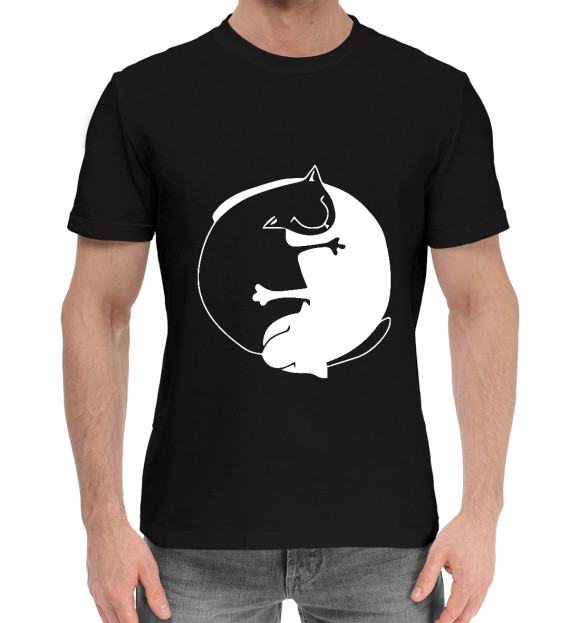 Мужская хлопковая футболка с изображением Инь и Янь коты цвета Черный