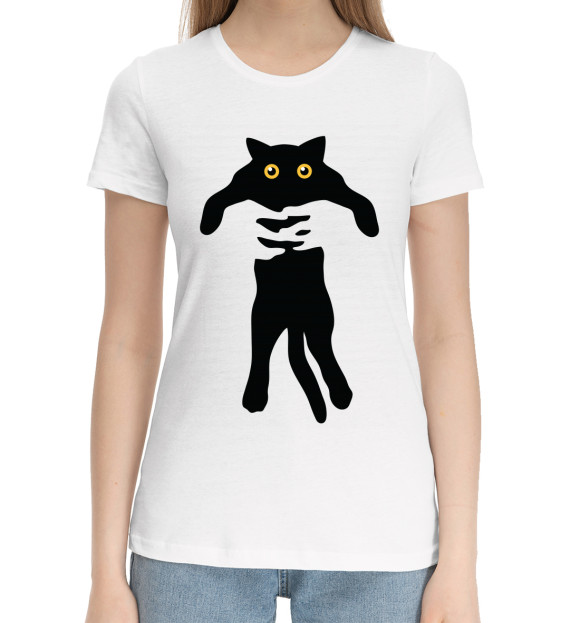 Женская хлопковая футболка с изображением Кот в руках цвета Белый
