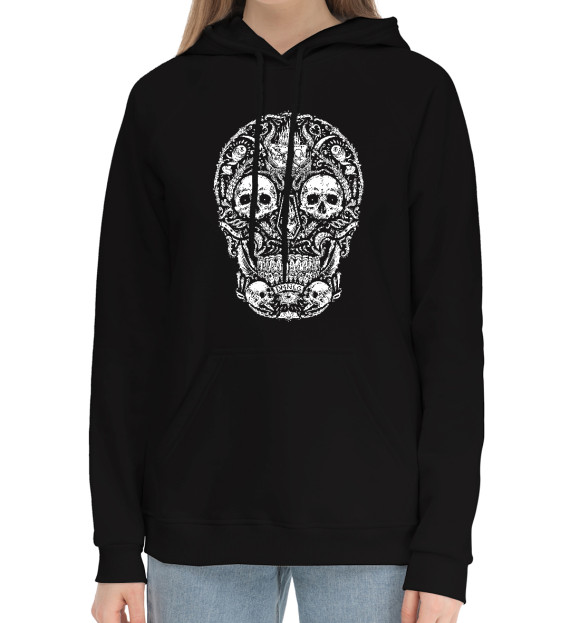 Женский хлопковый худи с изображением Портрет черепа из черепов цвета Черный