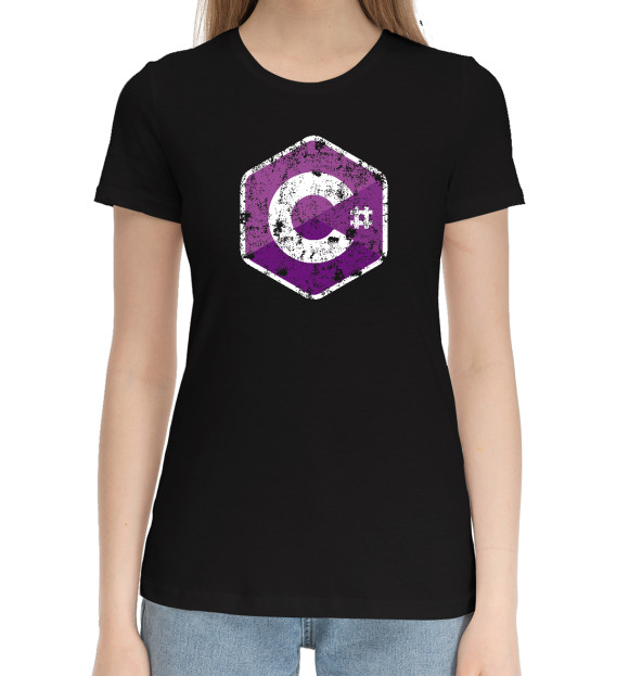 Женская хлопковая футболка с изображением C Sharp Grunge Logo цвета Черный