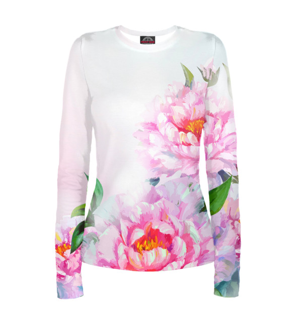 Женский лонгслив с изображением Пионы цвета Белый