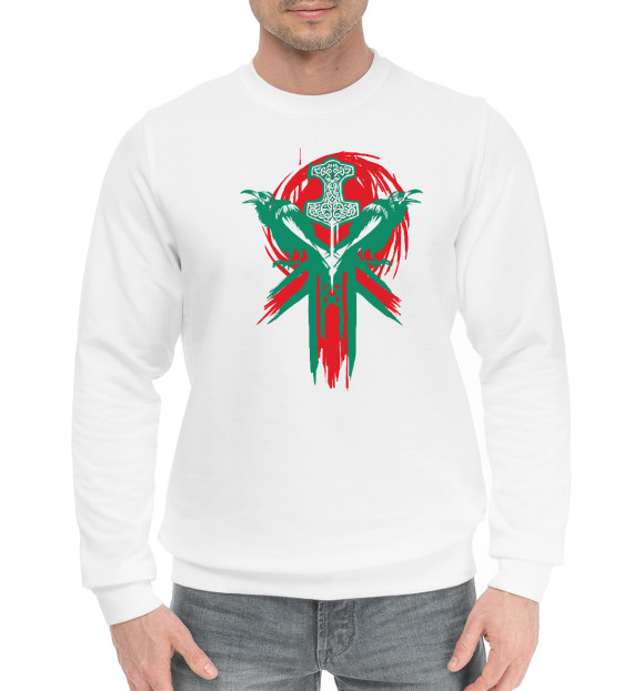 Мужской хлопковый свитшот с изображением Вороны Одина и Мьёльнир цвета Белый