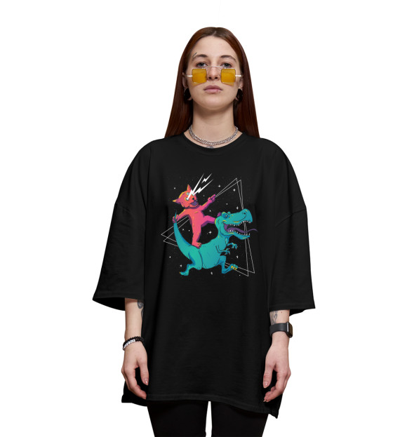 Женская футболка оверсайз с изображением Кот и динозавр цвета Черный