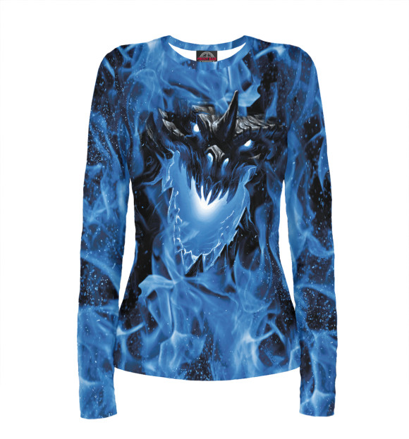 Женский лонгслив с изображением Дракон в синем пламени цвета Белый