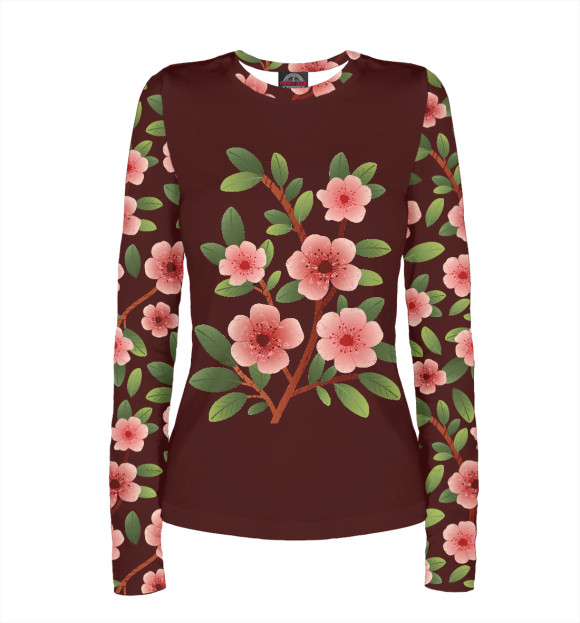 Женский лонгслив с изображением Цветущая ветка с листьями цвета Белый