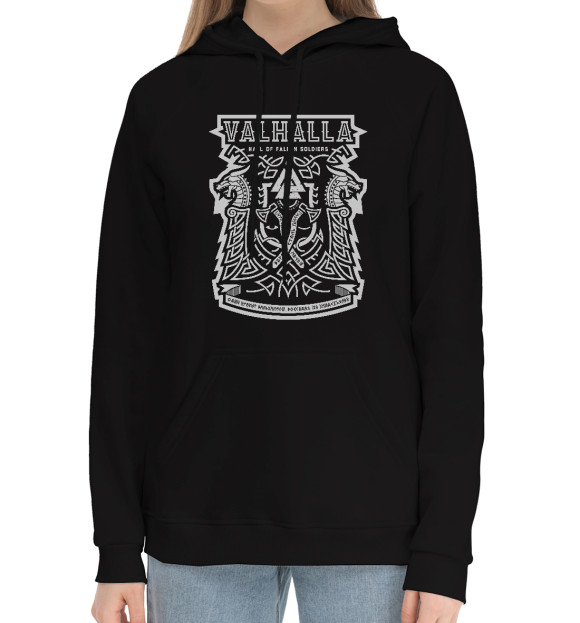 Женский хлопковый худи с изображением Вальхалла - дворец павших воинов цвета Черный