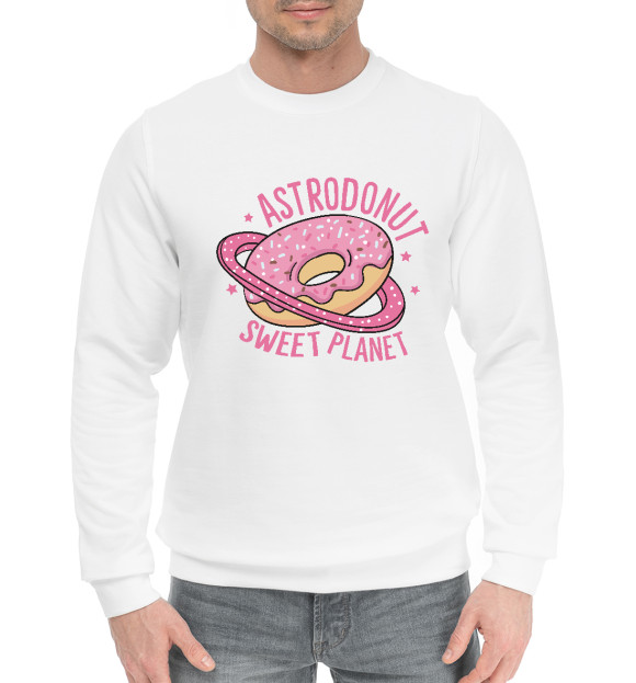 Мужской хлопковый свитшот с изображением Планета Пончик цвета Белый