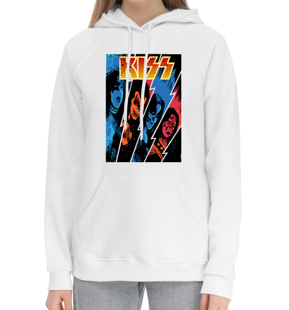 Женский хлопковый худи с изображением Kiss цвета Белый