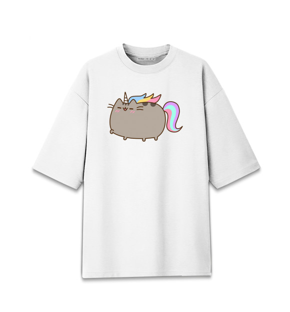 Мужская футболка оверсайз с изображением Pusheen Happy Unicorn цвета Белый