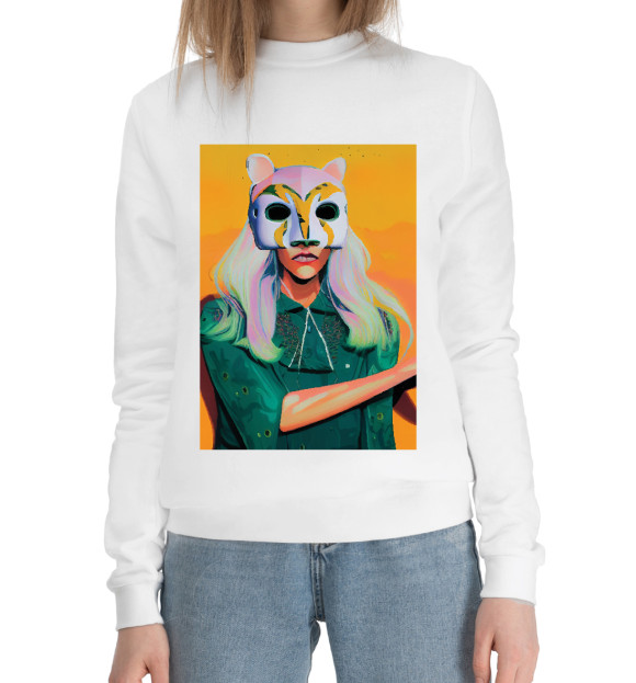 Женский хлопковый свитшот с изображением Девушка в маске цвета Белый
