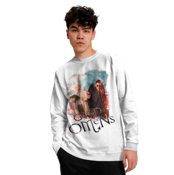 Мужской свитшот с изображением Азирафаэль и Кроули белый фон цвета Белый