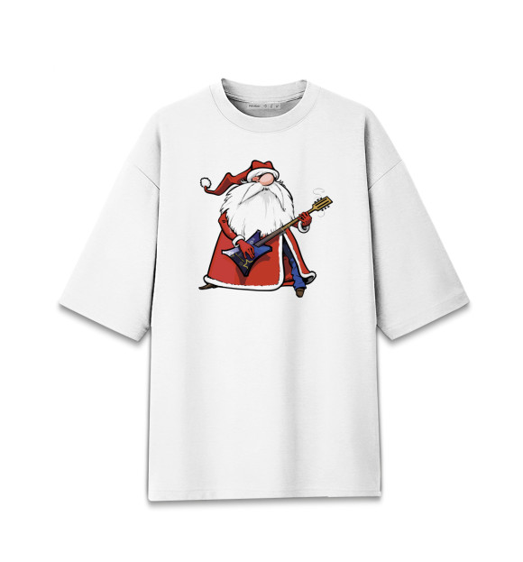 Женская футболка оверсайз с изображением Дед Мороз гитарист цвета Белый