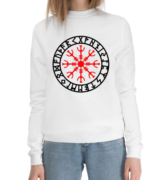 Женский хлопковый свитшот с изображением Руны Шлем Ужасов цвета Белый