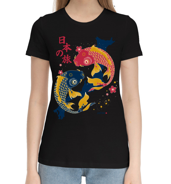 Женская хлопковая футболка с изображением Япония цвета Черный