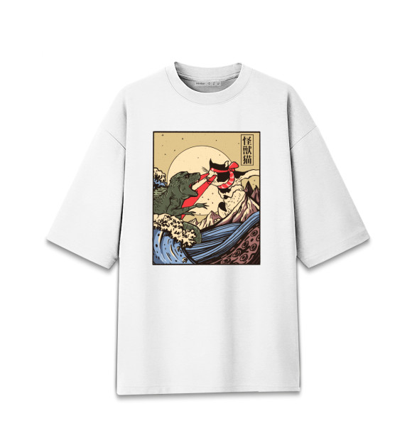 Женская футболка оверсайз с изображением Japan Catzilla vs Godzilla цвета Белый