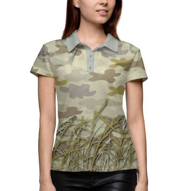 Женское поло с притом Камуфляж Тихий камыш цвета Белый Женское поло с изображением Камуфляж Тихий камыш цвета Белый