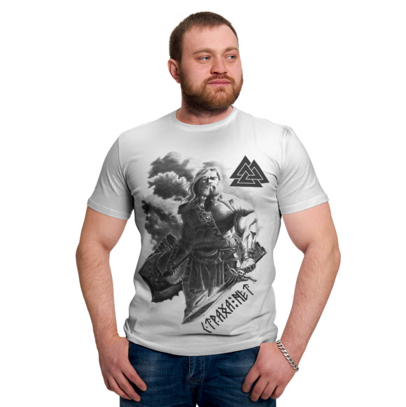 Мужская футболка с притом Воин с символикой победы / страха нет цвета Белый Мужская футболка с изображением Воин с символикой победы / страха нет цвета Белый