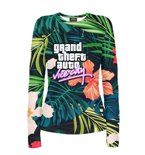 Женский лонгслив с притом GTA Vice City цвета Белый Женский лонгслив с изображением GTA Vice City цвета Белый