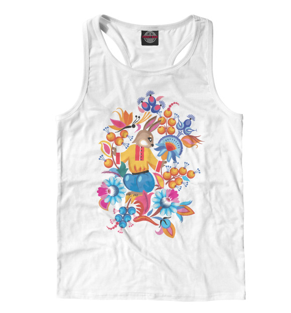 Мужская майка-борцовка с изображением Русский народный с зайчиком цвета Белый